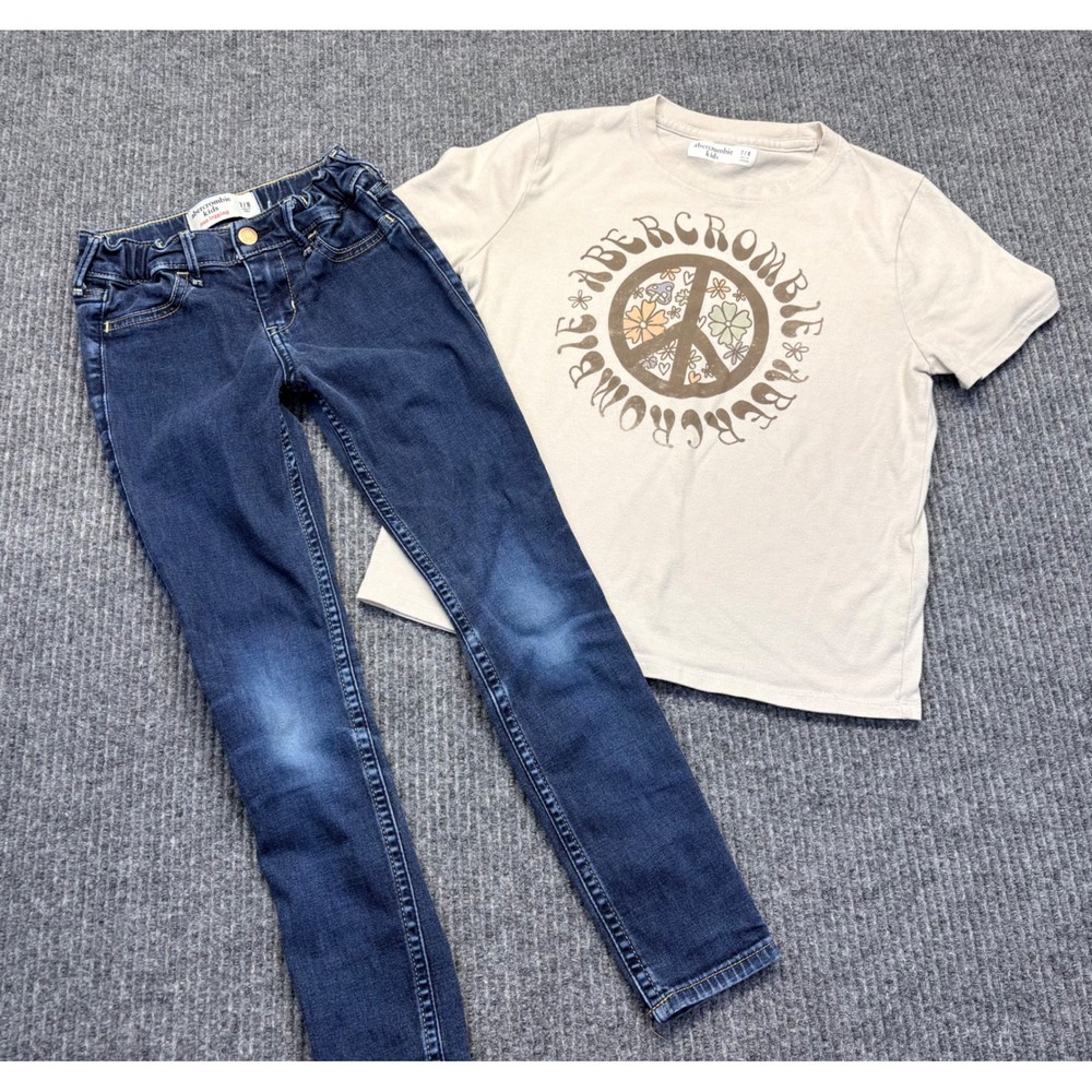 Abercrombie Kids Girls Peace Sign Graphic Tee & Dark Wash Jean Leggings Set 7/8